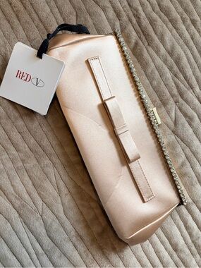RED Valentino Rose Gold Satin Clutch with Bow and Crystal Trim